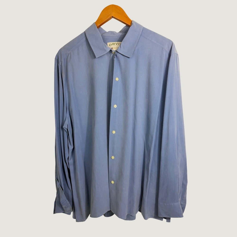 Orvis Shirt XL Blue 100% Silk Button Down Long Sleeve Classic Luxury